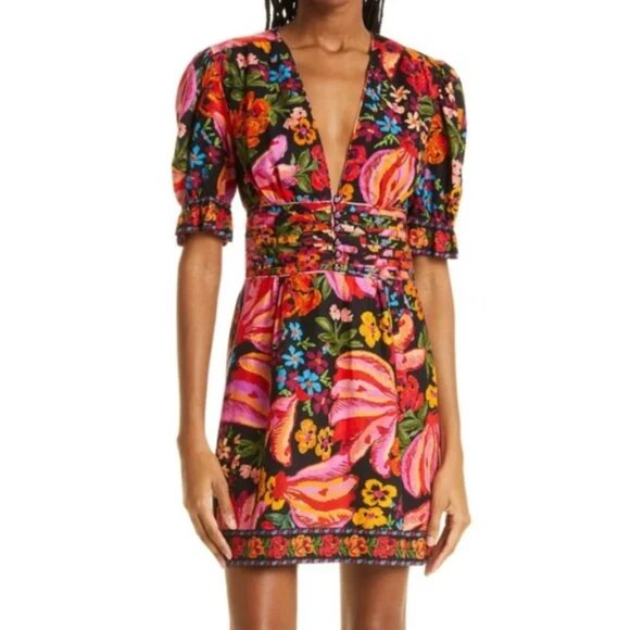 FARM Rio Dresses & Skirts - RARE Farm Rio Spring Banana Floral Mini Dress Pleated V-Neck Black XL